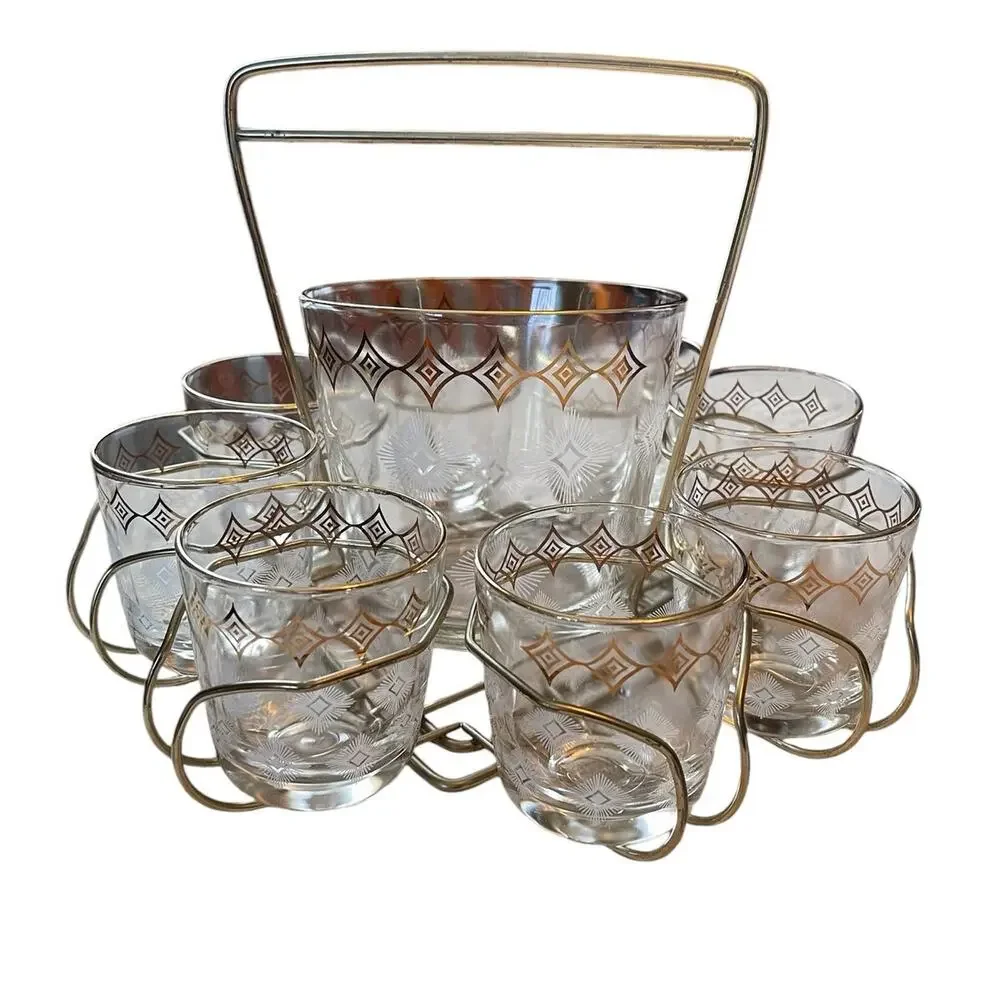 Jeannette Glass Atomic 10 Piece MCM Vintage Bar Set Glasses Ice Bucket Carrier